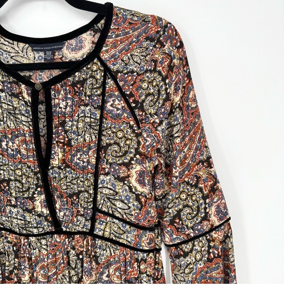 American Eagle Outfitters Bell Sleeve Paisley Velvet Trim Mini Dress XS Festival - Picture 7 of 11